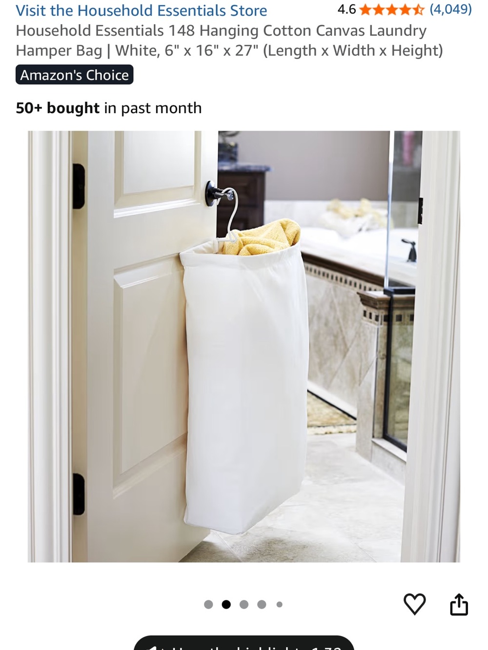Two Cotton Canvas Laundry Hamper Bags, 6" x 16" x 27"